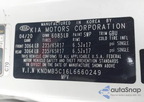 2020 Kia Sedona Lx из США, поврежденный, VIN KNDMB5C16L6660249